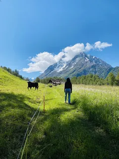 Mann in blauer Jacke geht auf grüner Wiese nahe Berg im Wallis bei Tageslicht